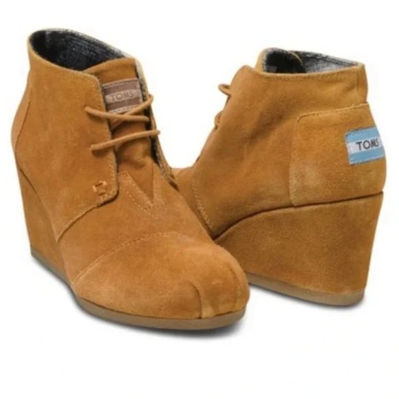 TOM'S Wedge Bootie Lace Up Suede Desert Chestnut SZ 6 EUC - Picture 2 of 13
